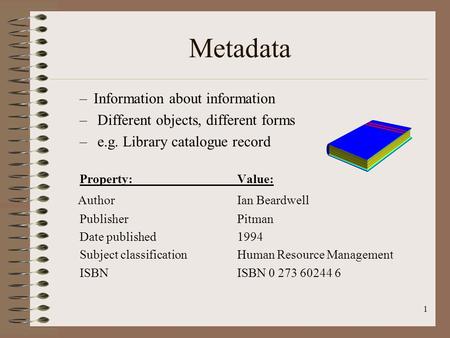 1 Metadata –Information about information – Different objects, different forms – e.g. Library catalogue record Property:Value: Author Ian Beardwell Publisher.