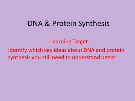DNA & Protein Synthesis Learning Target: Identify which key ideas about DNA and protein synthesis you still need to understand better.
