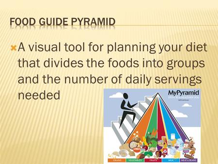  A visual tool for planning your diet that divides the foods into groups and the number of daily servings needed.
