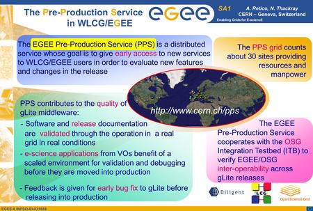 Enabling Grids for E-sciencE SA1 EGEE-II INFSO-RI-031688 The Pre-Production Service in WLCG/EGEE A. Retico, N. Thackray CERN – Geneva, Switzerland PPS.