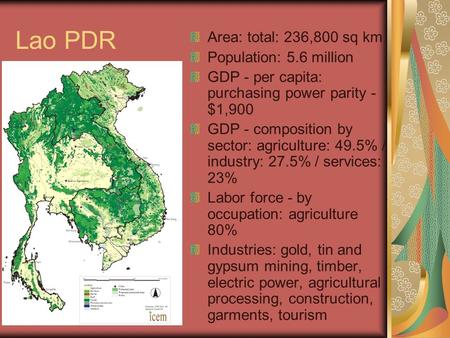 Lao PDR Area: total: 236,800 sq km Population: 5.6 million GDP - per capita: purchasing power parity - $1,900 GDP - composition by sector: agriculture: