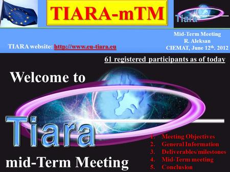 Mid-Term Meeting R. Aleksan CIEMAT, June 12 th. 2012 TIARA-mTM 1.Meeting Objectives 2.General Information 3.Deliverables/milestones 4.Mid-Term meeting.