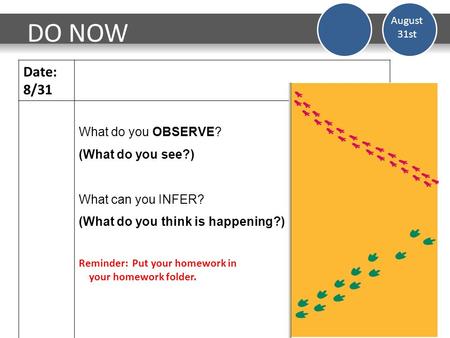 DO NOW Date: 8/31 What do you OBSERVE? (What do you see?) What can you INFER? (What do you think is happening?) Reminder: Put your homework in your homework.