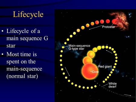 Lifecycle Lifecycle of a main sequence G star Most time is spent on the main-sequence (normal star)