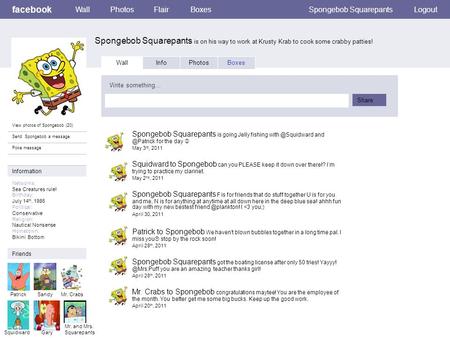 Facebook Spongebob Squarepants is on his way to work at Krusty Krab to cook some crabby patties! WallPhotosFlairBoxesSpongebob SquarepantsLogout View photos.