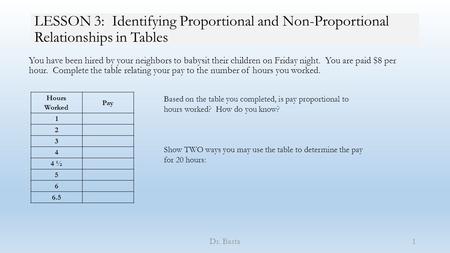 LESSON 3: Identifying Proportional and Non-Proportional Relationships in Tables You have been hired by your neighbors to babysit their children on Friday.