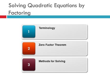 Solving Quadratic Equations by Factoring 33 22 11 Terminology Zero Factor Theorem Methods for Solving.