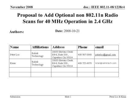 Doc.: IEEE 802.11-08/1238r4 Submission November 2008 Peter Loc & KiranSlide 1 Proposal to Add Optional non 802.11n Radio Scans for 40 MHz Operation in.