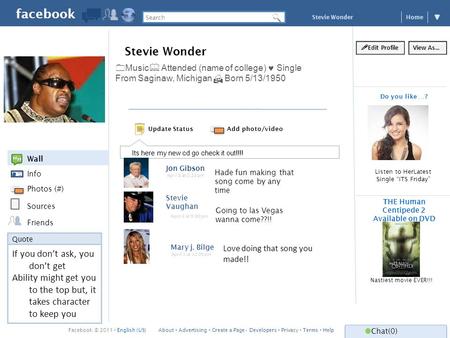 Facebook Stevie Wonder Home Wall Jon Gibson Hade fun making that song come by any time If you don’t ask, you don’t get Ability might get you to the top.