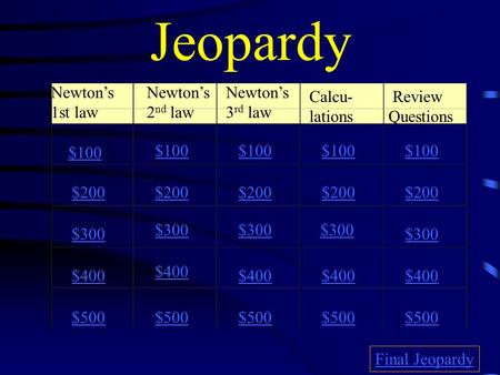 Jeopardy Newton’s 1st law Newton’s 2 nd law Newton’s 3 rd law Calcu- lations Review Questions $100 $200 $300 $400 $500 $100 $200 $300 $400 $500 Final.