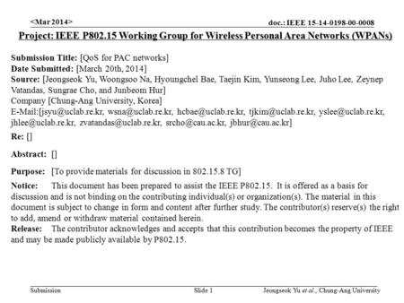 Doc.: IEEE 15-14-0198-00-0008 Submission Slide 1 Project: IEEE P802.15 Working Group for Wireless Personal Area Networks (WPANs) Submission Title: [QoS.