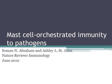 Mast cell-orchestrated immunity to pathogens Soman N. Abraham and Ashley L. St. John Nature Reviews Immunology June 2010.