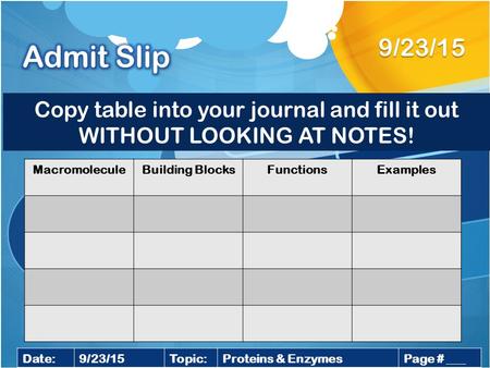 Copy table into your journal and fill it out WITHOUT LOOKING AT NOTES! 9/23/15 Date:9/23/15Topic:Proteins & EnzymesPage # ___ MacromoleculeBuilding BlocksFunctionsExamples.