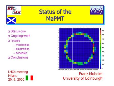 Status of the MaPMT o Status quo o Ongoing work o Issues – mechanics – electronics – schedule o Conclusions LHCb meeting Milano 26. 9. 2000 Franz Muheim.