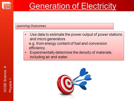 GCSE Science A Physics 1 Generation of Electricity Learning Outcomes Use data to estimate the power output of power stations and micro generators e.g.