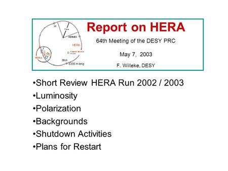 Short Review HERA Run 2002 / 2003 Luminosity Polarization Backgrounds Shutdown Activities Plans for Restart Report on HERA 64th Meeting of the DESY PRC.