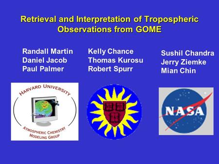Retrieval and Interpretation of Tropospheric Observations from GOME Randall Martin Daniel Jacob Paul Palmer Sushil Chandra Jerry Ziemke Mian Chin Kelly.