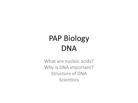 PAP Biology DNA What are nucleic acids? Why is DNA important?
