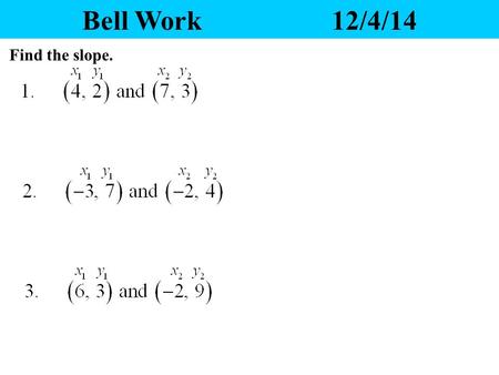 Bell Work12/4/14 Find the slope. Yesterday’s Homework 1.Any questions? 2.Please pass your homework to the front. Make sure the correct heading is on.