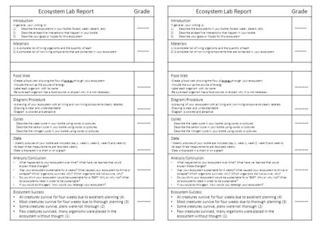 Ecosystem Lab Report Grade Introduction In general, your writing is: 1)Describe the ecosystems in your bottle (forest, water, desert…etc) 2)Describe at.