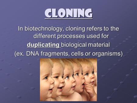 Cloning In biotechnology, cloning refers to the different processes used for duplicating biological material (ex. DNA fragments, cells or organisms).
