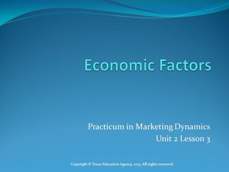 Practicum in Marketing Dynamics Unit 2 Lesson 3 Copyright © Texas Education Agency, 2013. All rights reserved.