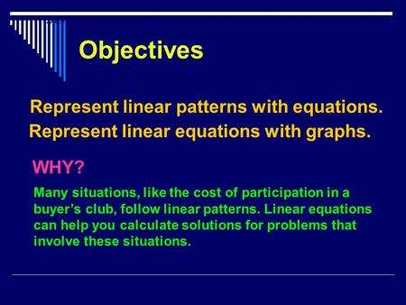 Objectives Represent linear patterns with equations.