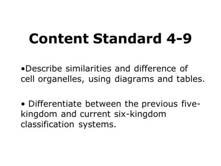 Content Standard 4-9 Describe similarities and difference of cell organelles, using diagrams and tables. Differentiate between the previous five- kingdom.