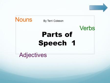 Parts of Speech 1 Nouns Verbs Adjectives By Terri Coleson.