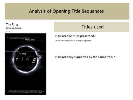 Analysis of Opening Title Sequences The Ring Gore Verbinski 2002 Titles used How are the titles presented? There aren’t any titles in the opening scene.