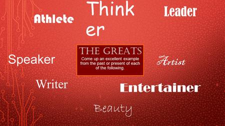 Artist Writer Athlete Think er Speaker Entertainer Leader THE GREATS Come up an excellent example from the past or present of each of the following. Beauty.