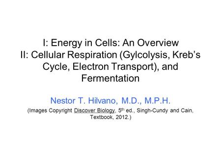 I: Energy in Cells: An Overview II: Cellular Respiration (Gylcolysis, Kreb’s Cycle, Electron Transport), and Fermentation Nestor T. Hilvano, M.D., M.P.H.