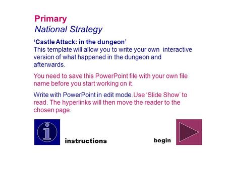 Primary National Strategy ‘Castle Attack: in the dungeon’ This template will allow you to write your own interactive version of what happened in the dungeon.