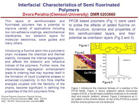 Interfacial Characteristics of Semi fluorinated Polymers Dvora Perahia (Clemson University) DMR 0203660 Thin layers of semifluorinated and fluorinated.