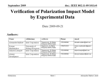 Doc.: IEEE 802.11-09/1011r0 Submission September 2009 Alexander Maltsev, IntelSlide 1 Verification of Polarization Impact Model by Experimental Data Date: