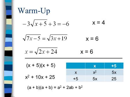 Warm-Up x = 6 x = 4 x = 6 (x + 5)(x + 5) x+5 xx2x2 5x +55x25 x 2 + 10x + 25 (a + b)(a + b) = a 2 + 2ab + b 2.
