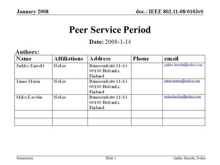 Doc.: IEEE 802.11-08/0103r0 Submission January 2008 Jarkko Kneckt, NokiaSlide 1 Peer Service Period Date: 2008-1-14 Authors: