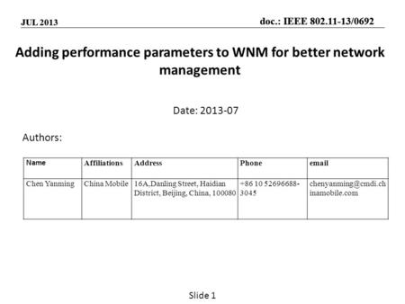Doc.: IEEE 802.11-13/0692 JUL 2013 doc.: IEEE 802.11-13/0692 JUL 2013 Adding performance parameters to WNM for better network management Date: 2013-07.