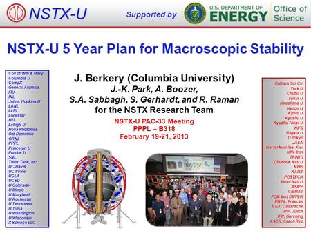 NSTX-U 5 Year Plan for Macroscopic Stability J. Berkery (Columbia University) J.-K. Park, A. Boozer, S.A. Sabbagh, S. Gerhardt, and R. Raman for the NSTX.