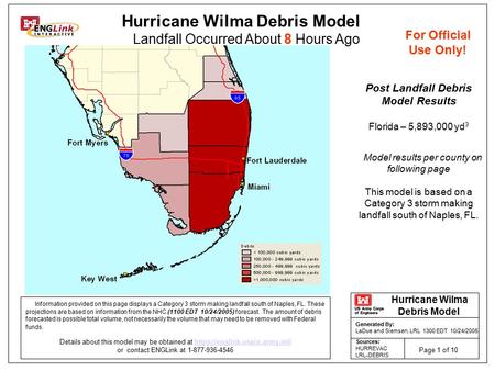 Hurricane Wilma Debris Model Landfall Occurred About 8 Hours Ago For Official Use Only! Hurricane Wilma Debris Model Page 1 of 10 Sources: HURREVAC LRL-DEBRIS.