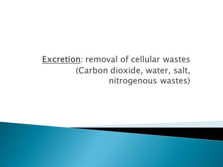 Excretion: removal of cellular wastes (Carbon dioxide, water, salt, nitrogenous wastes)