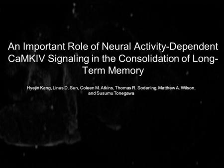 An Important Role of Neural Activity-Dependent CaMKIV Signaling in the Consolidation of Long- Term Memory Hyejin Kang, Linus D. Sun, Coleen M. Atkins,