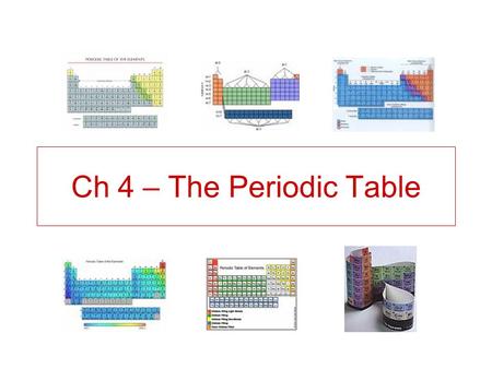 Ch 4 – The Periodic Table. After this lesson you will know: Metals, nonmetals, & metalloids. Periods & groups. Information in each box. Element families.