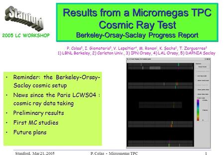 Stanford, Mar 21, 2005P. Colas - Micromegas TPC1 Results from a Micromegas TPC Cosmic Ray Test Berkeley-Orsay-Saclay Progress Report Reminder: the Berkeley-Orsay-
