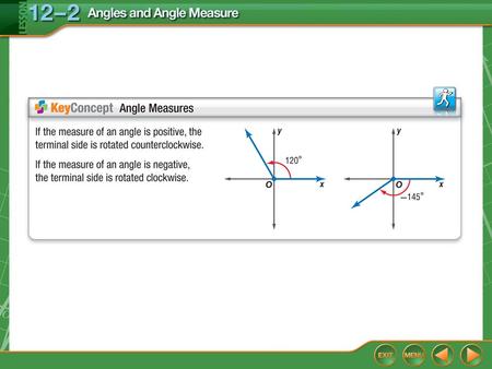 Concept. Example 1 Draw an Angle in Standard Position A. Draw an angle with a measure of 210° in standard position. 210° = 180° + 30° Draw the terminal.