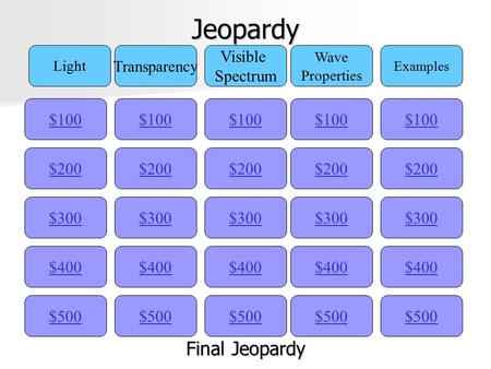 Jeopardy $100 Light Transparency Visible Spectrum Wave Properties Examples $200 $300 $400 $500 $400 $300 $200 $100 $500 $400 $300 $200 $100 $500 $400 $300.
