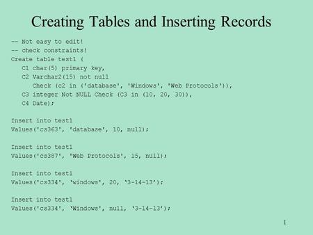 Creating Tables and Inserting Records -- Not easy to edit! -- check constraints! Create table test1 ( C1 char(5) primary key, C2 Varchar2(15) not null.