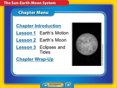 Chapter Menu Chapter Introduction Lesson 1Lesson 1Earth’s Motion Lesson 2Lesson 2Earth’s Moon Lesson 3Lesson 3Eclipses and Tides Chapter Wrap-Up Jason.