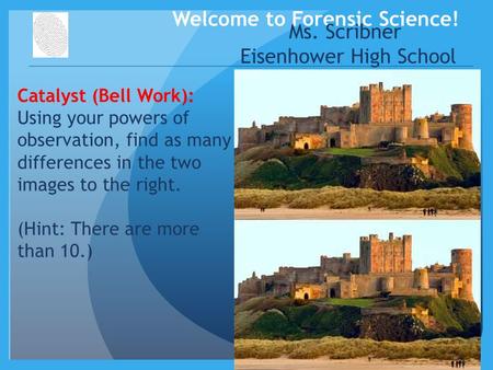 Welcome to Forensic Science! Ms. Scribner Eisenhower High School Catalyst (Bell Work): Using your powers of observation, find as many differences in the.
