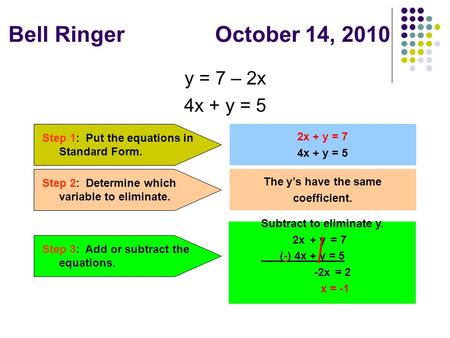 Bell Ringer October 14, 2010 y = 7 – 2x 4x + y = 5 Step 1: Put the equations in Standard Form. 2x + y = 7 4x + y = 5 Step 2: Determine which variable to.